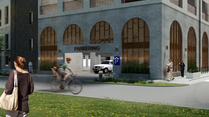 I den ena byggnaden bygger vi ett mobilitetshus i tre plan som bland annat kommer innehålla parkering för bil och cykel.