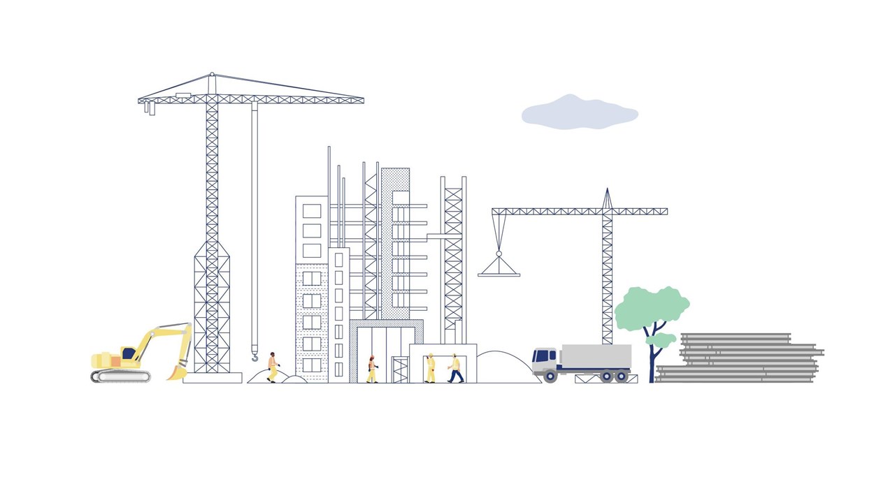 Ilustration av byggarbetsplats med siluetter av byggkranar och maskiner.