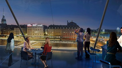 Visionsbild: Utsikt över vattentorget och Gamla stan från byggnaden på Södermalmstorg (Källa: White arkitekter)