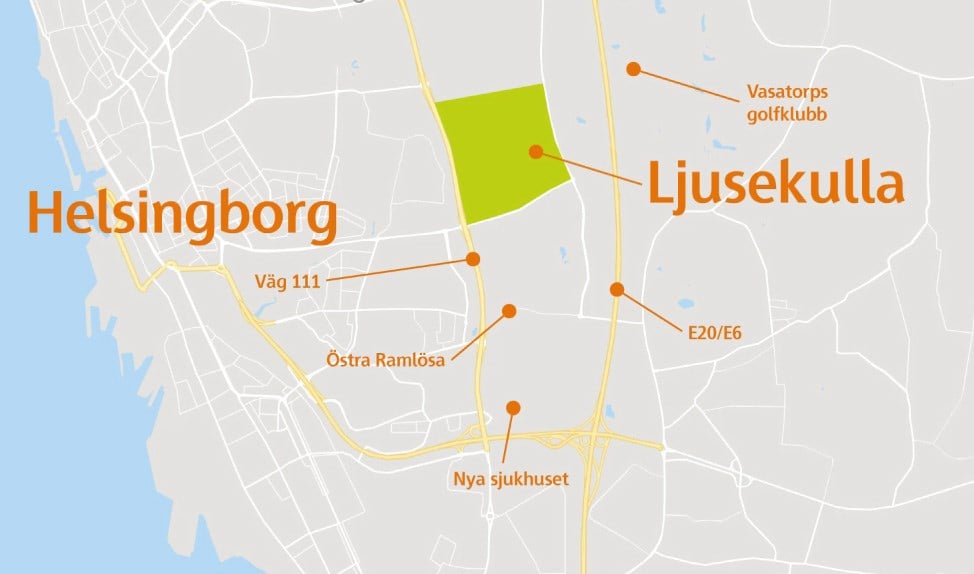 Karta med Skanskas mark i Helsingborg, Ljusekulla, som består av 80 hektar mark och inramas av de viktiga transportvägarna E6 och väg 111.