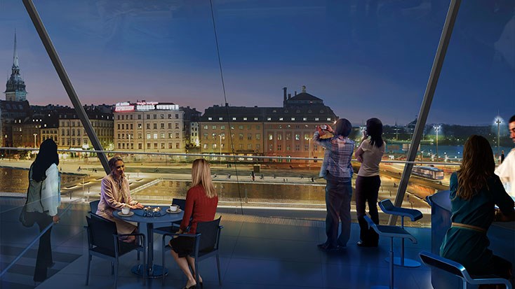 Visionsbild: Utsikt över vattentorget och Gamla stan från byggnaden på Södermalmstorg