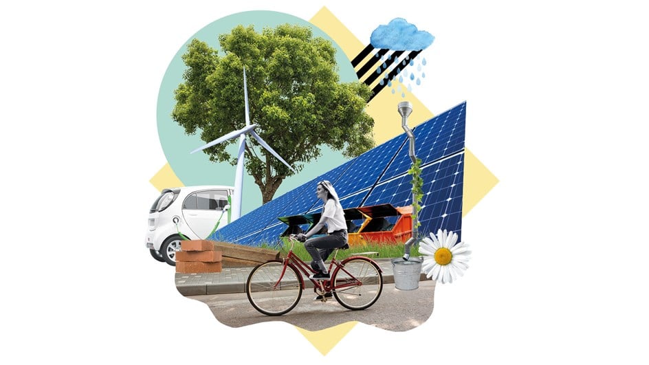 Collage med bilder av cyklande kvinna, solpaneler, vindkraftverkc och grönskande träd, 