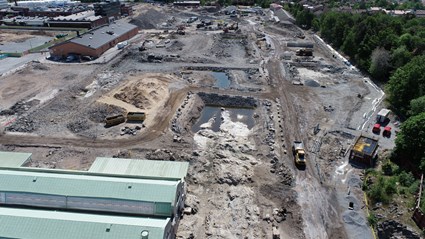 Arbetsområdet sett ur nord-sydlig riktning ner mot Trädskolevägen