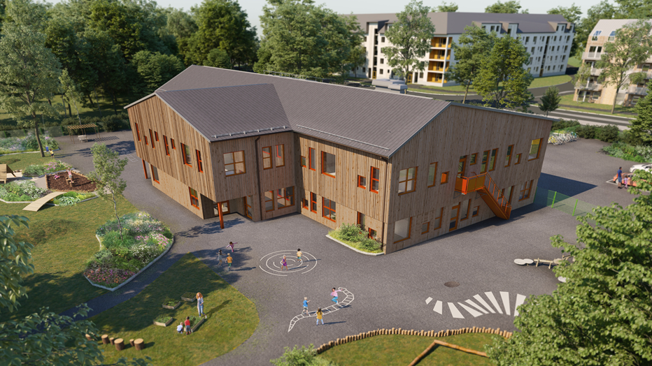 Ottfjällets förskola byggs enligt koncept D. Renderingen visar ett exempel på hur konceptet kan se ut. Illustration på byggnaden.