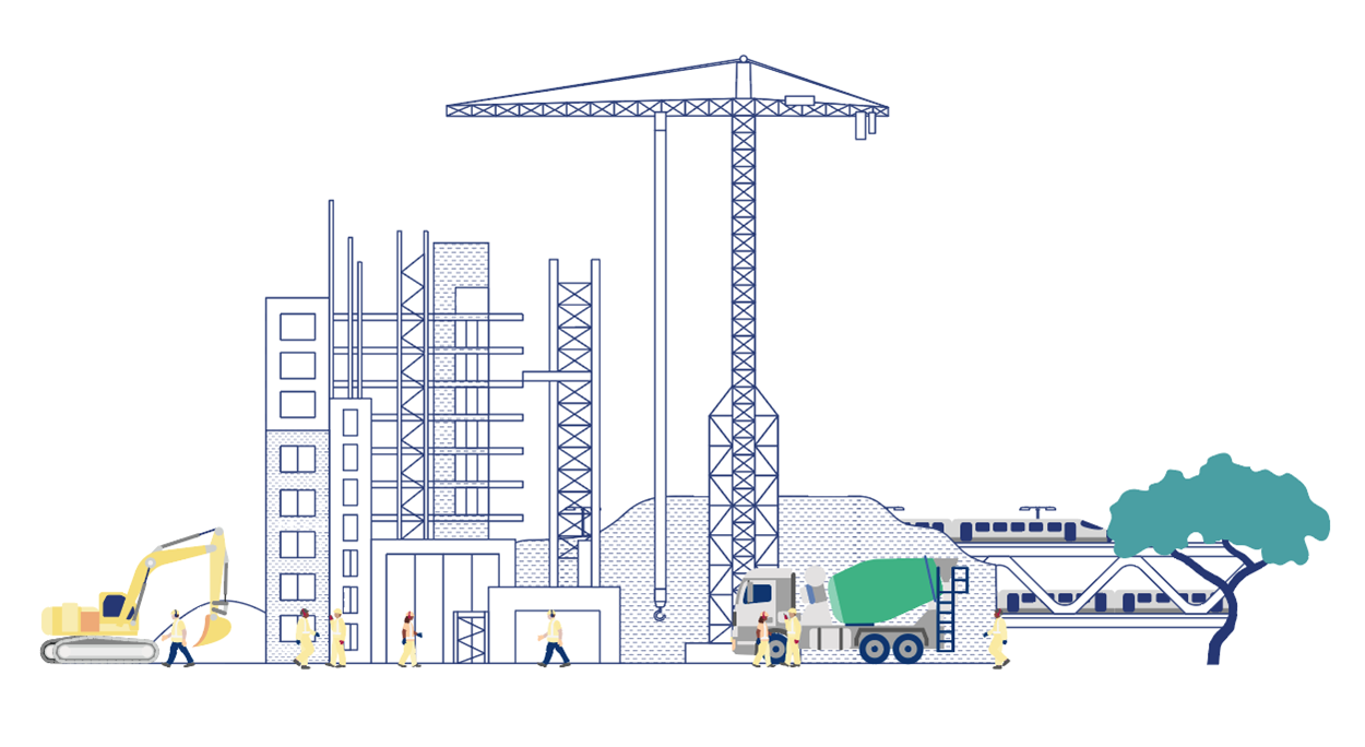 En tecknas siluett av en byggarbetsplats med grävmaskin, kranar, byggnadsställning och en cementbil.