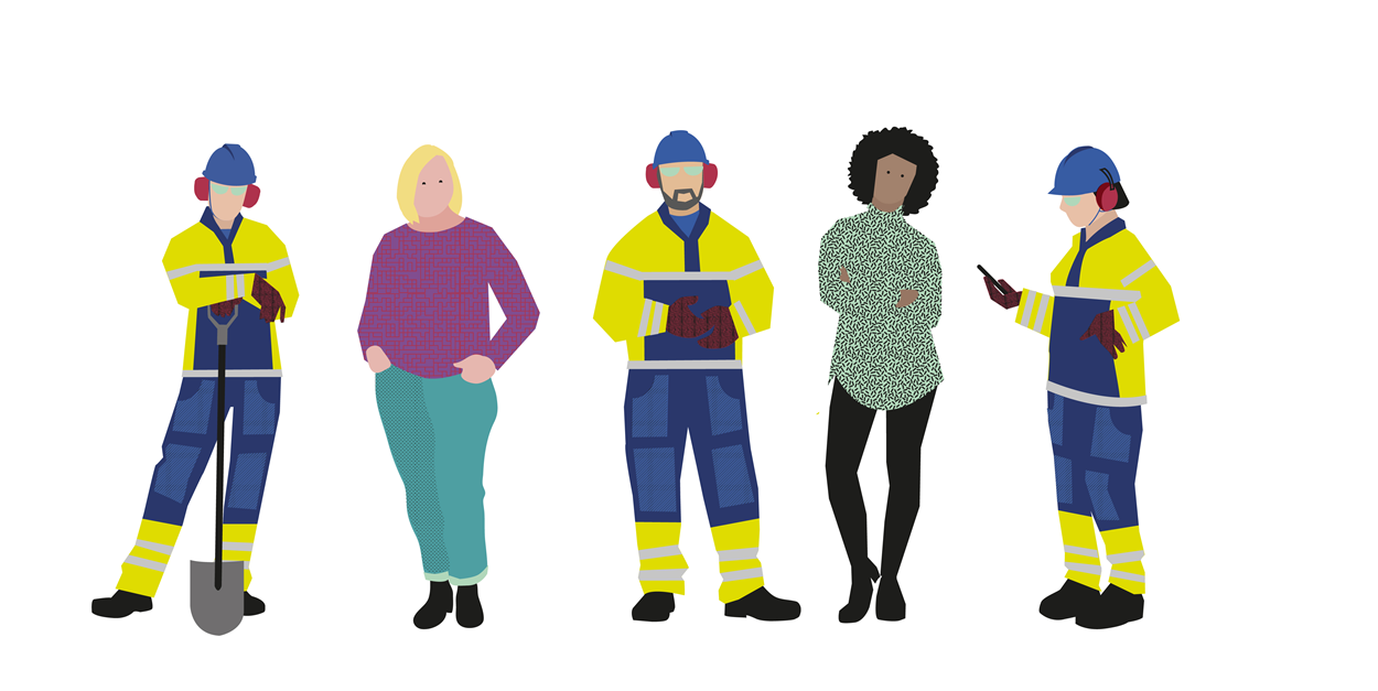 Sex tecknade personer med olika roller. Varselkläder för jobb ute på bygget och  för kontor.