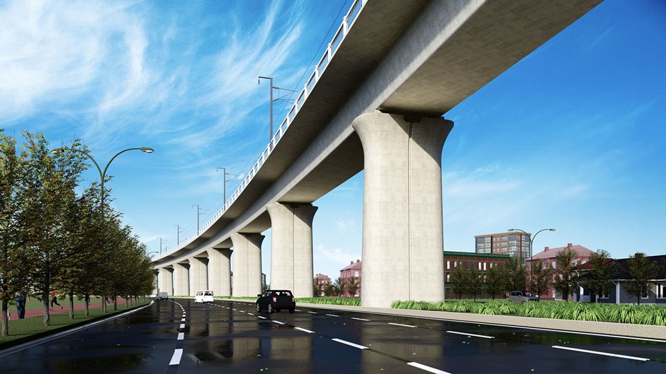 Höghastighetståg på brobana sett underifrån på prefabricerade betongbroar i stället för på traditionella banvallar.