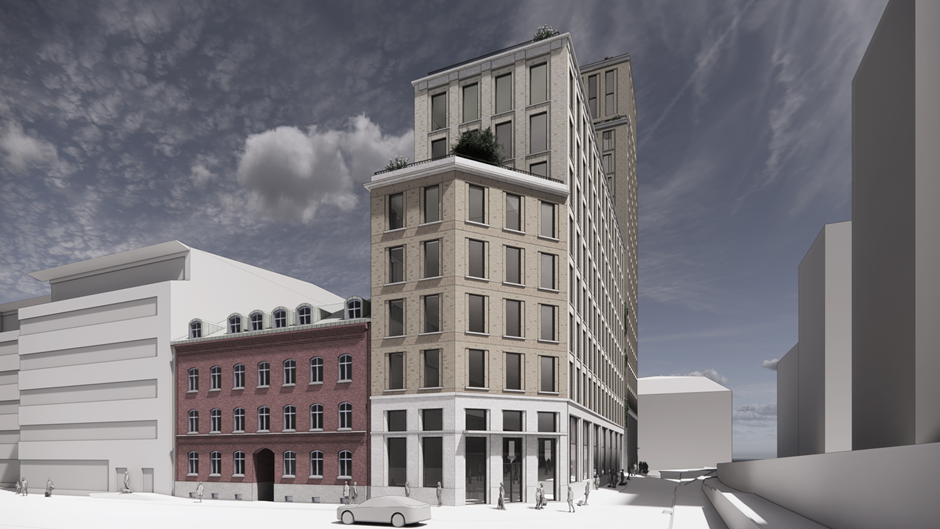 Skiss av kontorshuset som Skanska planerar att bygga i Göteborg.