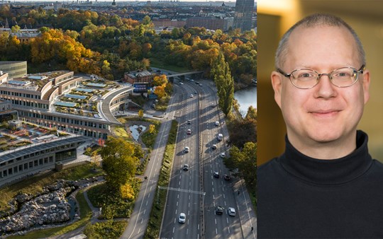 Kollage med bild över en motorväg och porträtt på Mats Koreaus, senior analytiker på Försvarshögskolan.