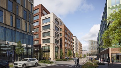 Fasaden är en prefabkonstruktion med specialtillverkat ingjutet tegel.