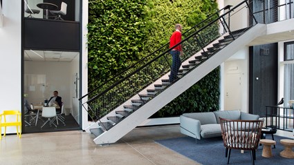 A lush plant wall covers an entrance wall.