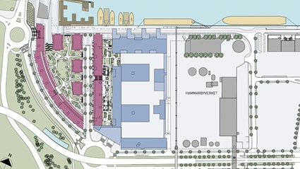 The buss depot is sited between Hammarby Allé and the waterside key.