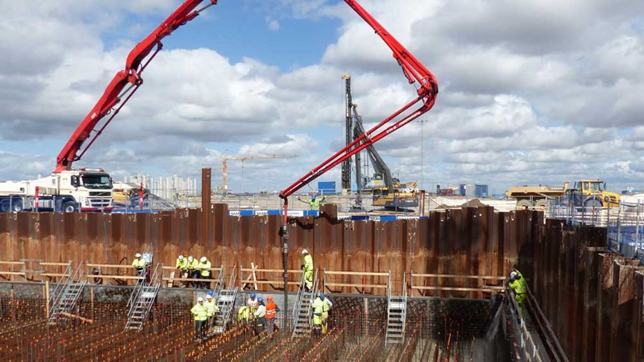 Casting of the first part of the ESS Target station bottom slab. This 400 mm slab will be followed by another 1600 mm bottom slab. Casting of the first part of the ESS Target station bottom slab. This 400 mm slab will be followed by another 1600 mm bottom slab.
