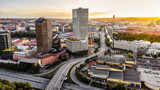 Flera stora kontorskomplex och vägar i området Gårda i Göteborg. I mitten ligger Nordens högsta kontorshus Citygate.