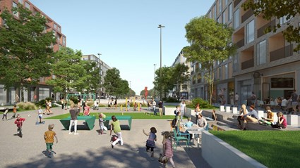 Bränneriparken blir ett centralt grönområde i Inre hamnen. Det blir en inbjudande park med gungor och klätterställningar, ytor för frilek, en basketplan, utegym och möjligheter till uppträdande eller dans.