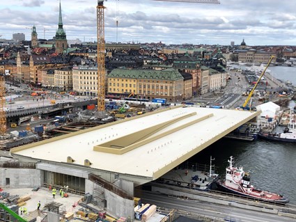 The newly opened bridge illuminated and seen from above.