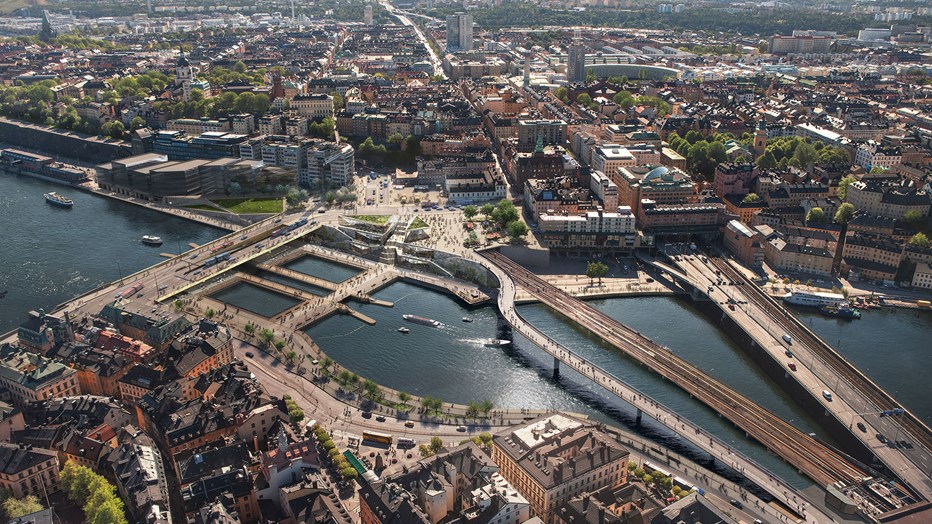 Rendering image of the future design of the Slussen area. Rendering image of the future design of the Slussen area with bridges, water and surrounding areas.