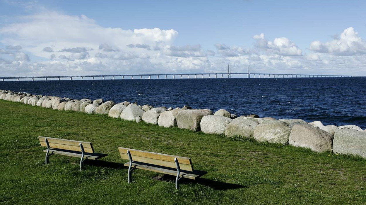 Öresundsbron sett från Limhamn, Malmö med grön gräsmatta.