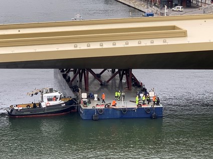 The bridge is moved carefully and with great accuracy.
