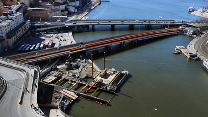 View towards the lake Mälaren from the mighty tower crane at Slussen.