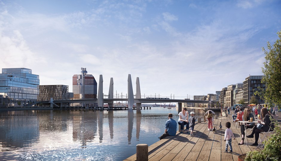 Framtidsbild på hur Hisingsbron kommer se ut med sina fyra pelare, en bro som knyter samman Göteborg. 