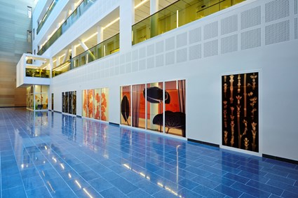 The indoor environment is bright and modern.