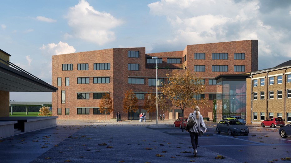 Fastigheten byggs av återbrukat tegel. Borås Tingsrätt Front