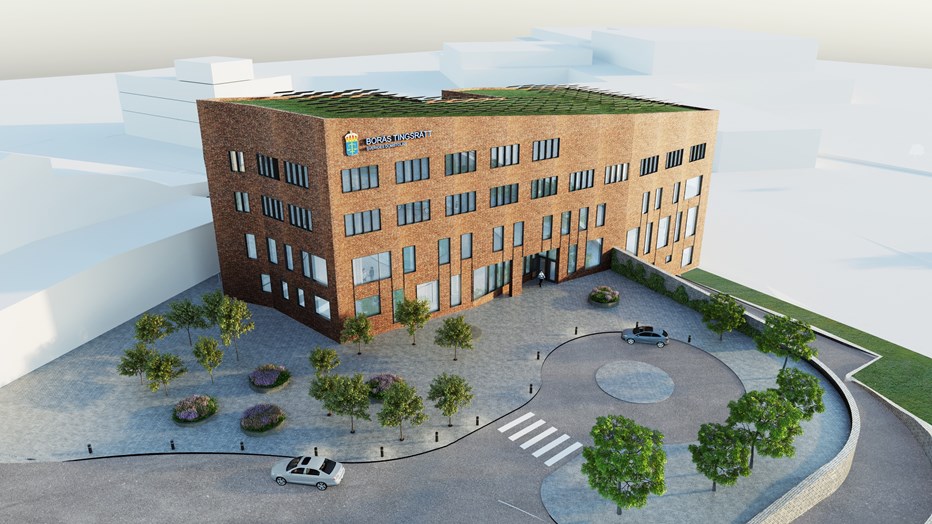 Tingsrätten har ett centralt läge intill riksväg 40, spårområdet och Boråshallen. Borås Tingsrätt översikt.