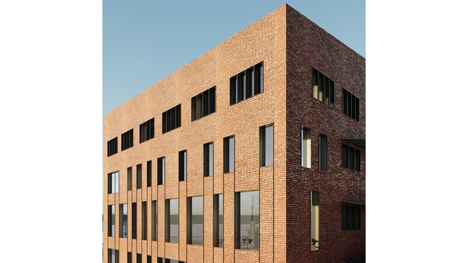 Materialval som tegel, sten och trä bidrar till en robust känsla. Borås Tingsrätt fasad