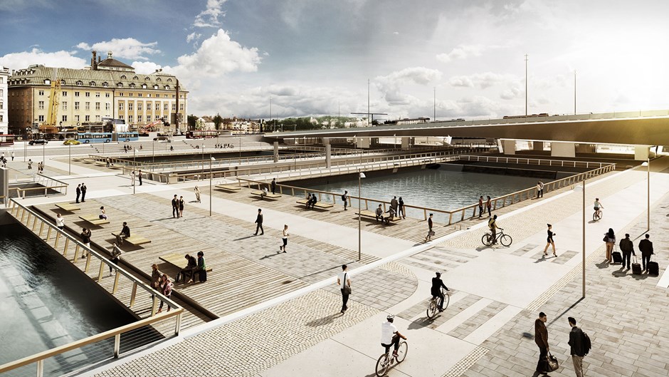 Illustration av Vattentorget i Slussen i Stockholm.
