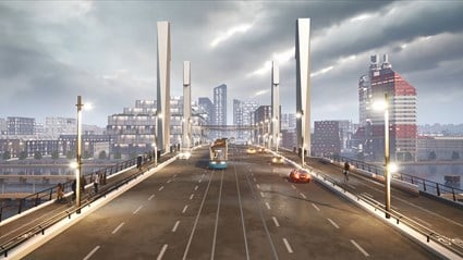 Hisingsbrons pyloner och pylontoppar tillverkades i Spanien och lyftes på plats i juli 2020. Foto: Göteborgs Stad