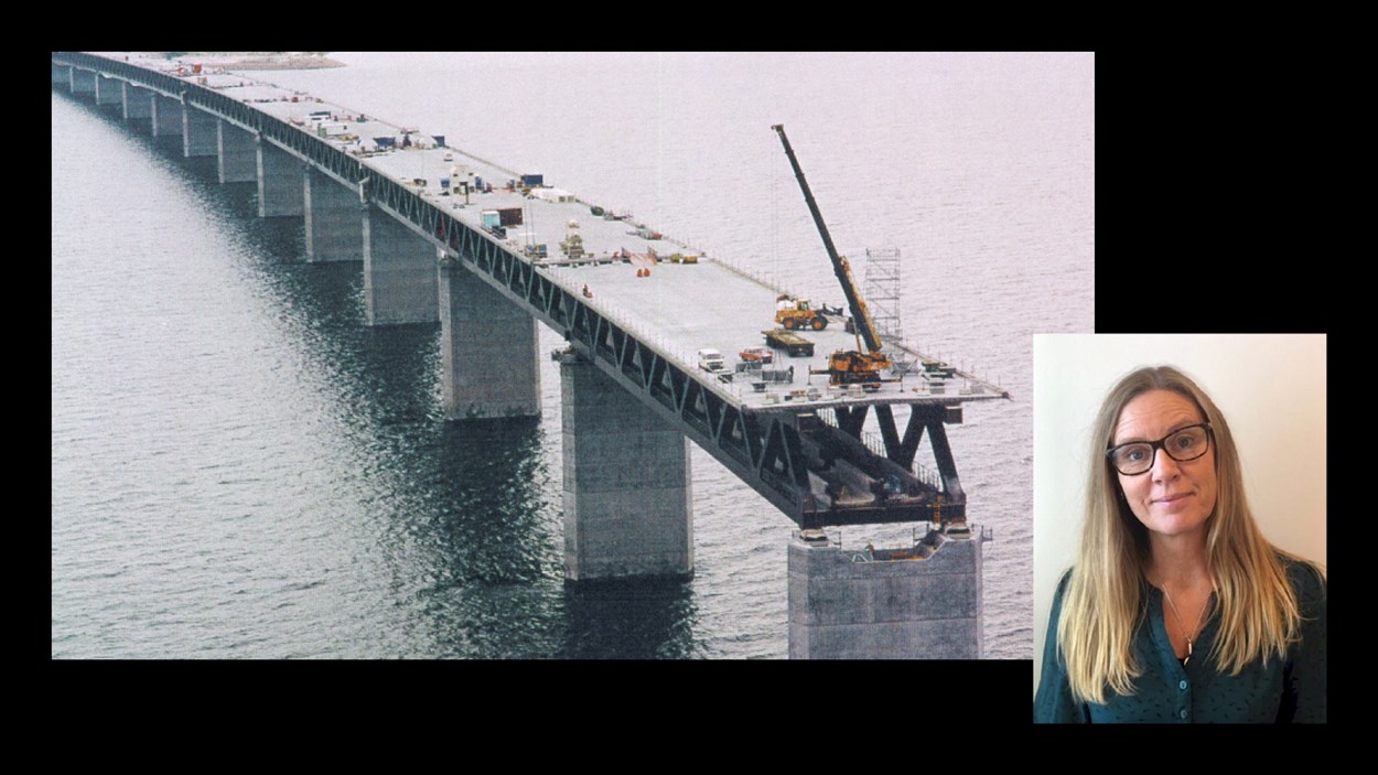 Kollage med porträtt på Skanskas Ulrika Nilsson och en halvfärdig Öresundsbro.