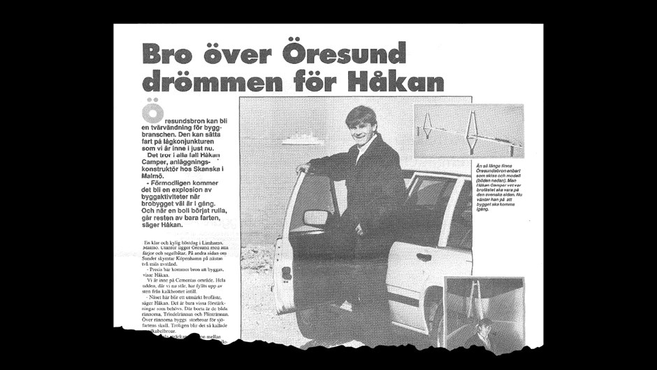 Urklipp ur Byggentreprenörernas tidning 1991 där Skanskas Håkan Camper pratar om sin vision för Öresundsbron.