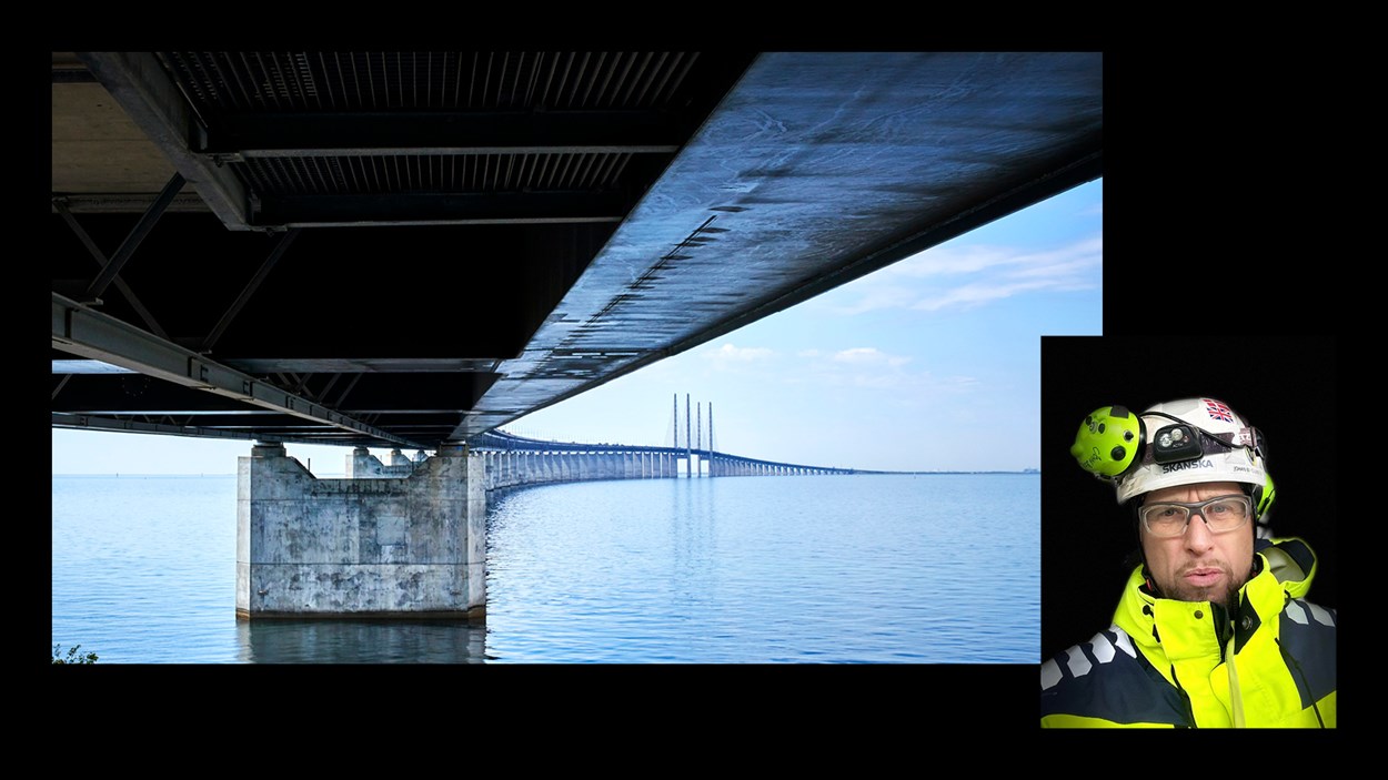 Kollage med bild från bygget av Öresundsbron och ett porträtt på Skanskas Johan Berglund.