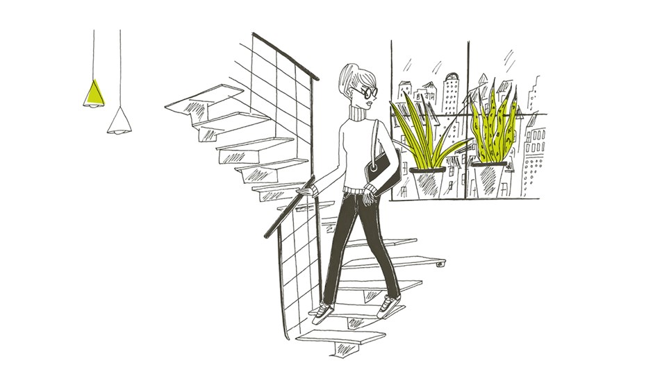 skanska hälsosam arbetsplats växter och kvinna i trappa