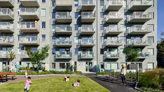 Barn leker på en gräsmatta omgärdade av höga flerfamiljshus.