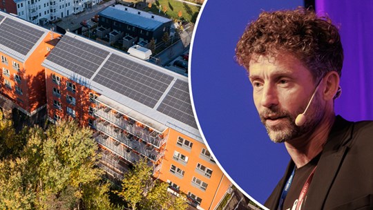 Kollage med Göteborg Energis hållbarhetschef Eric Zinn och ett hus med solceller på taket.