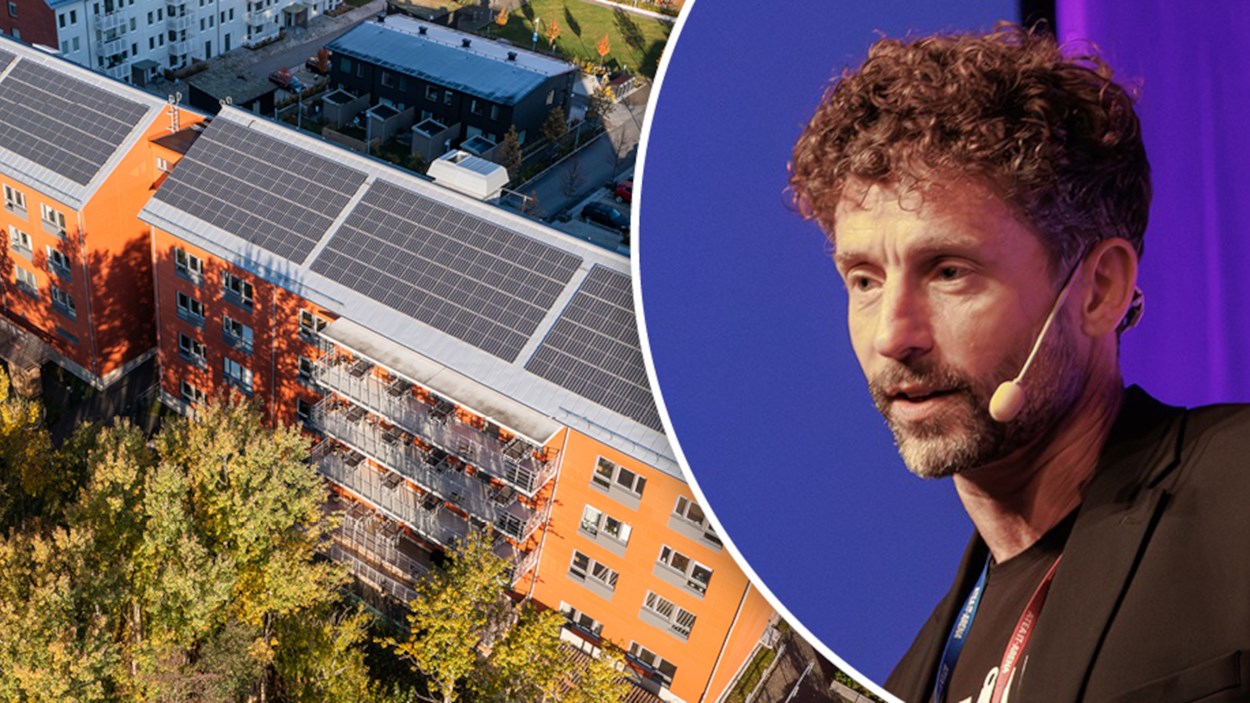 Kollage med Göteborg Energis hållbarhetschef Eric Zinn och ett hus med solceller på taket.