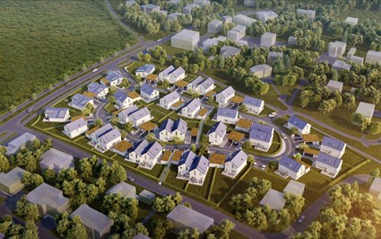 Det nya Kvarteret i Billdals Strandäng består av 35 bostäder i villor och parhus. Bild: Sweco Arkitekter