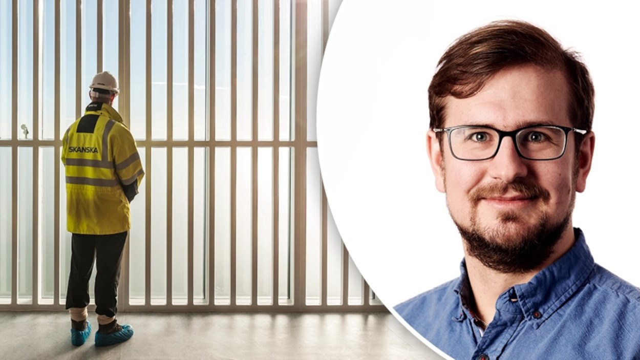 Bildkollage med Skanskas energiingenjör Sigfrid Lindén Johansson och en byggarbetare som står vid ett soligt fönster.