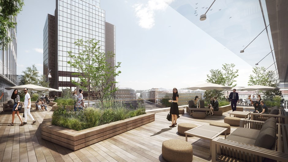 Framtidsbild på Citygates takterrass. Gröna planteringar och människor som sitter och dricker kaffe under stora parasoll.