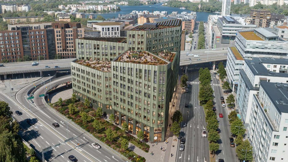 Visionsbild som visar det gröna kontorshuset Olivins placering bara ett par meter från Essingeleden