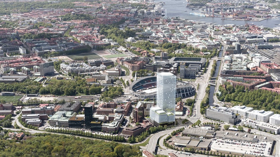 Framtidsbild på Citygate och dess placering men Ullevi i bakgrunden. 