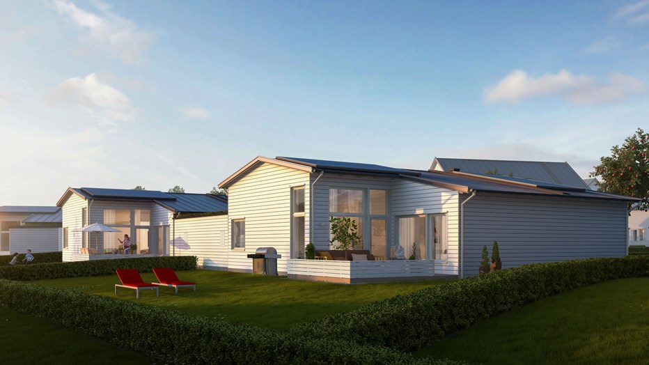 Fem av enplanshusen får solceller på taket som förser huset med energi. Bild: Sweco Arkitekter Fem av enplanshusen får solceller på taket som förser huset med energi. Bild: Sweco Arkitekter