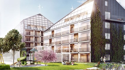 Flerfamiljshusen har fått inglasade fasader för att energin som finns i stommen ska bevaras.