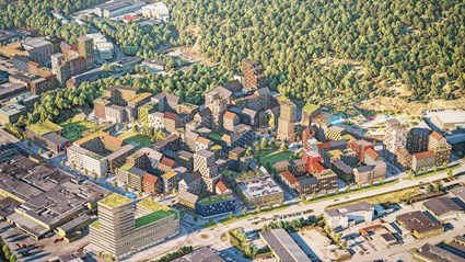 Södra Änggården kombinerar en stadsatmosfär med närheten till det vidsträckta naturområdet Änggårdesbergen. Bild av Okidoki Arkitekter.