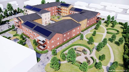 Byggnaden integreras i en parkliknande miljö och har god tillgänglighet.