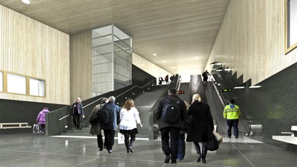 Stationshuset är modernt och välkomnande.
