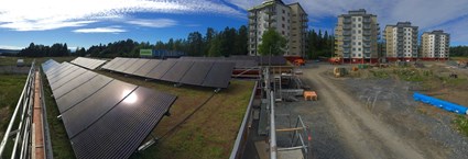 Solceller har monterats på alla carports och punkthusen.  De genererar ström till fastighetsel och laddar elbilar i Norrlands första elbilspool. Överskott lagras i vattenkraft.