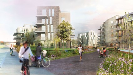 Stråken mellan byggnaderna prioriterar framkomlighet för gående och cyklister, vilket uppmuntrar till en hållbar livsstil.